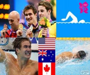 пазл Мужской плавательный 100 метров вольным стилем подиум, Натан Адриан (Соединенные Штаты), Джеймс Магнуссен (Австралия) и Brent Хейден (Канада) - Лондон-2012-
